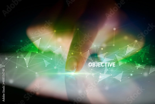 Fototapeta Finger touching tablet with business connection concept