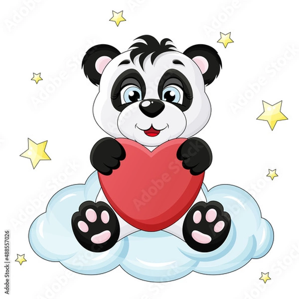 Fototapeta cute panda sits on a cloud and holds a heart in his hands 