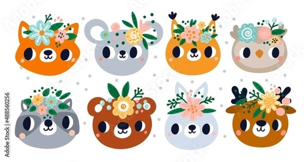 Fototapeta Cute animals in flower wreaths. Muzzles with floral beautiful tiara. Girly nursery theme. Scandinavian icons. Bear or raccoon. Pretty squirrel and hare faces. Vector forest creatures set