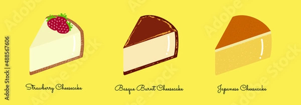 Obraz Strawberry cheesecake, Basque burnt cheesecake, Japanese cheesecake. Set of hand drawn vector of cheesecakes with white shinny  isolated on light yellow background