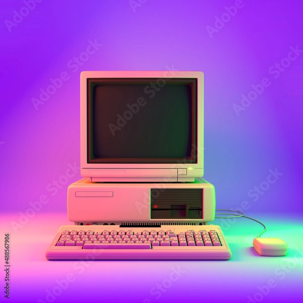 Fototapeta Blank Screen of an Old Desktop PC in Bright Retro Lighting Colors. 3D Rendering.