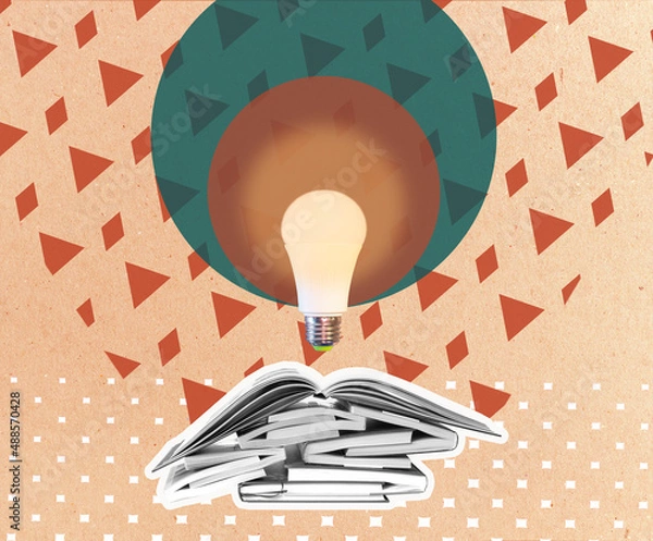 Obraz Art collage with a stack of books on a retro background. Library, education Concept