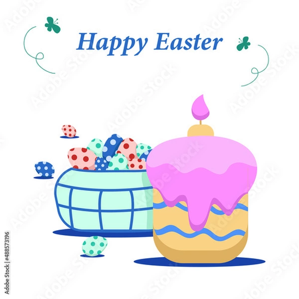 Fototapeta green basket with colored Easter eggs and Easter cake