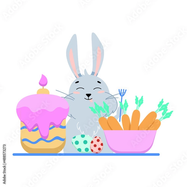 Fototapeta gray easter bunny with Easter cake and orange carrot