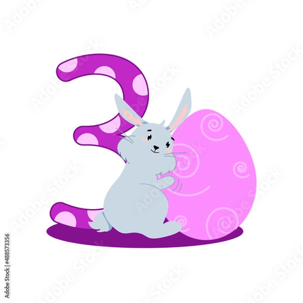Fototapeta number three and a gray bunny with a pink egg