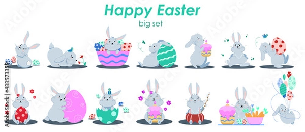 Fototapeta set of gray cute rabbits with different items