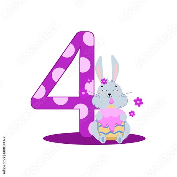 Fototapeta number four and a gray bunny with a cupcake in its paws