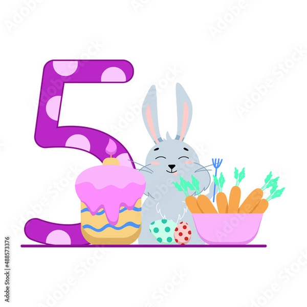 Fototapeta number five and a gray bunny with a cupcake and a basket of carrots