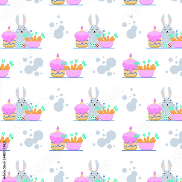 Fototapeta seamless pattern of gray bunnies with a cupcake and a bowl of carrots