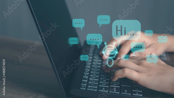 Fototapeta AI digital Chatbot concept. Smart digital customer care application for provide access to information and data in online network. Hand using laptop and global connection, Artificial intelligence.