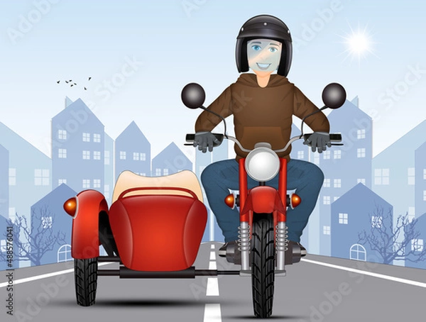 Fototapeta illustration of man in sidecar with dog