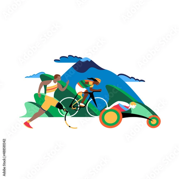 Obraz Finishing spurt Paralympic wheelchair in motion. Paralympic athletes compete with each other against the backdrop of the mountains. Paralympic Games