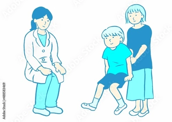 Obraz 児童精神科診察　発達障害の男の子とその母親と女医のイラスト　シンプル