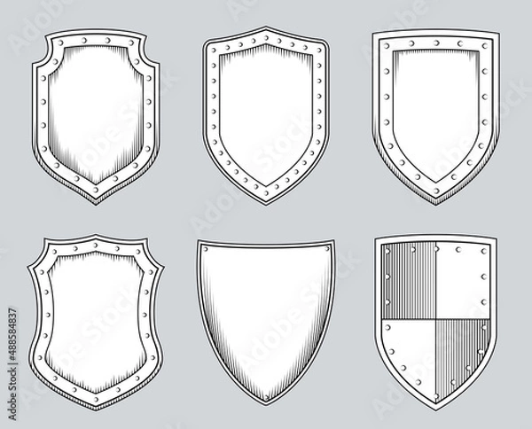Fototapeta Graphic Art Line Drawing of Shields. Black and White Outline Shields of Various Shapes for Coat of Arms Design. Engraving Style Layout for Emblem or Logo. Isolated Vector Illustration