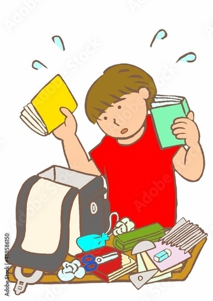 Obraz 発達障害　注意欠陥により小学校での忘れ物が多いADHDの男の子のイラスト