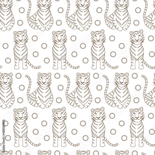 Fototapeta Tiger outline on a white background with circles. Seamless vector pattern.