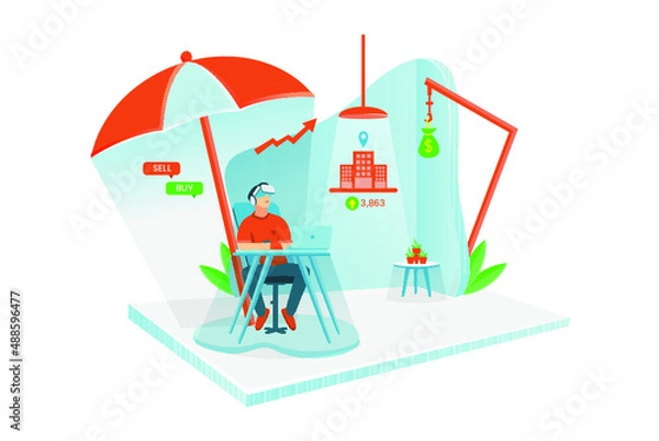 Fototapeta Isometric ilustration of a man sitting cassually going to buy a property in the metaverse