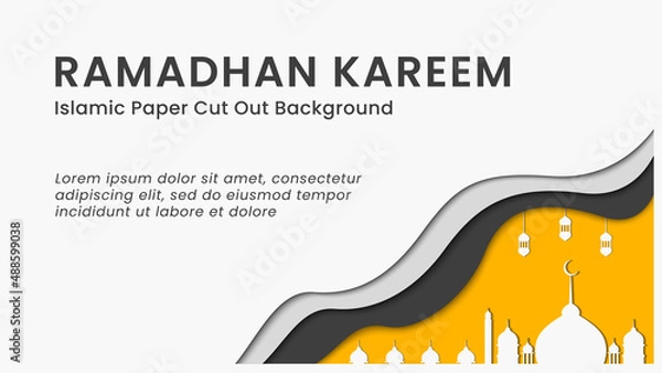Fototapeta Vector graphic of Islamic background using paper cut out style with grey, black, yellow and white color scheme. Perfect for Ramadhan Kareem greeting card
