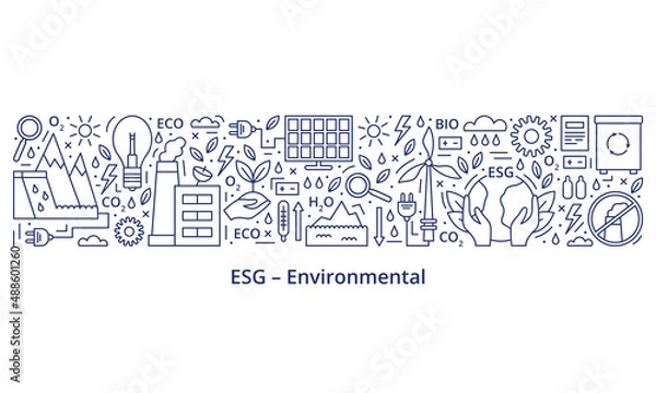 Fototapeta Set of ESG, ECO, BIO icons. ESG environmental criteria, the icons are at the top of the banner, the header is at the bottom. Banner. Template. Vector illustration isolated on white background.