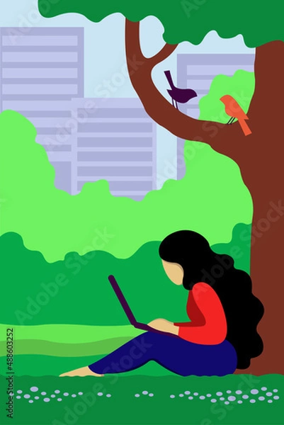 Obraz remote work. a girl with a laptop is sitting under a tree in the park. flat illustration. outdoor activities. vector.