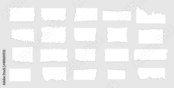Fototapeta Torn paper. Scraps of paper. White texture edge. A piece of leaf on a gray isolated background. Page edge with shadow. Vector.