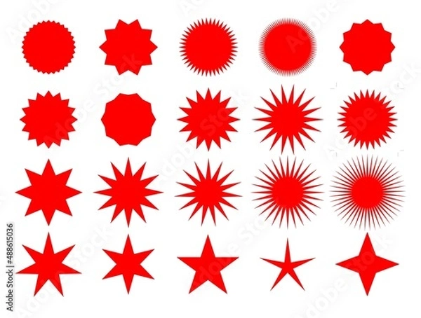 Fototapeta Burst stars. Red label for sales. Star shape stickers. Retro badges with solar flare isolated on white background. Red beam fireworks. Vector