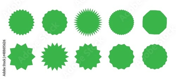 Fototapeta Explosive stars. Green label for sales. Star shaped stickers. Solar flare retro badges on white background. Fireworks green beam. Vector