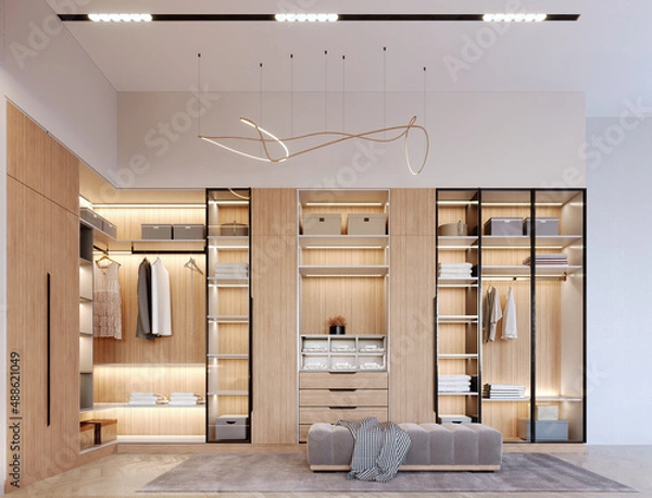 Obraz 3d rendering,3d illustration, Interior Scene and  Mockup,Modern style walk-in closet, light-colored wood material, decorated with warm-white lights.