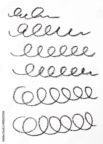 Obraz Cosmetic pencil samples isolated on a white background Hand drawn hatching shapes on isolated white background. Wavy tangled doodles. Black and white illustration