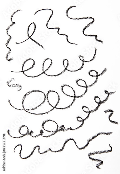 Obraz Cosmetic pencil samples isolated on a white background Hand drawn hatching shapes on isolated white background. Wavy tangled doodles.