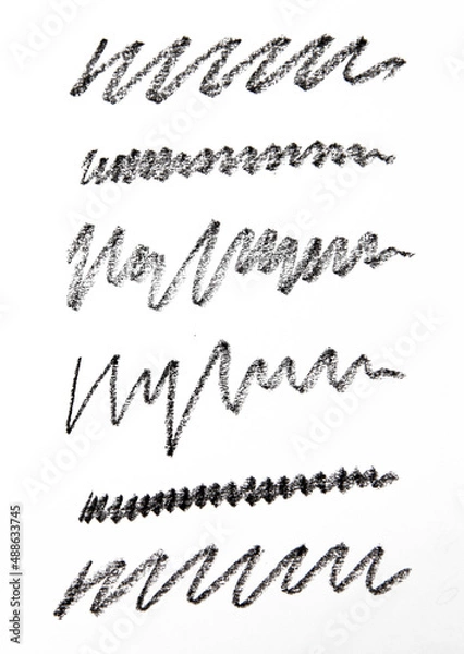 Obraz Cosmetic pencil samples isolated on a white background Hand drawn hatching shapes on isolated white background. Wavy tangled doodles. Black and white illustration
