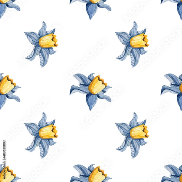 Fototapeta Delicate watercolour seamless pattern with blue daffodils. Minimal cute background with narcissus for nursery bedroom.