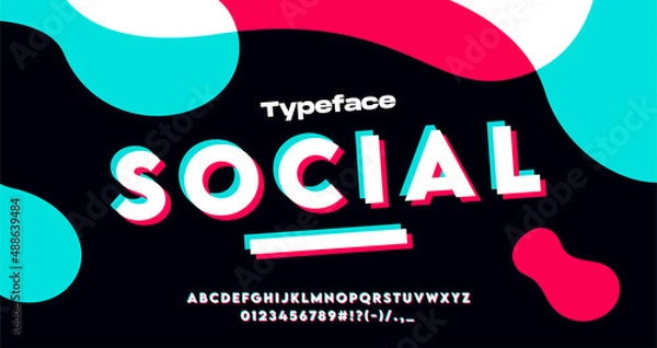 Obraz Glitch social media font typography vector set. Isolated glitched letters font. Cyber typeface fonts lettering, uppercase and numbers. Futuristic or 80s design style presentation. Vector illustration.