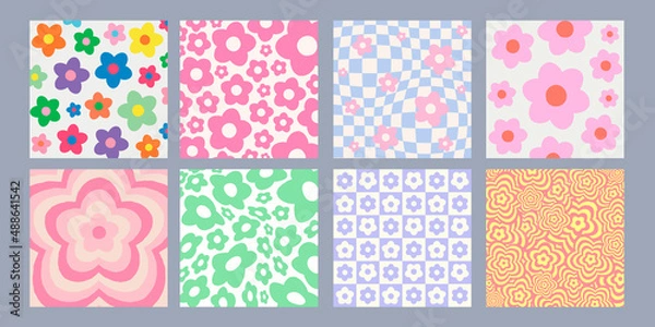Fototapeta Cool Abstract Groovy Flower Patterns Y2k Style. Trendy Funky Backgrounds.
