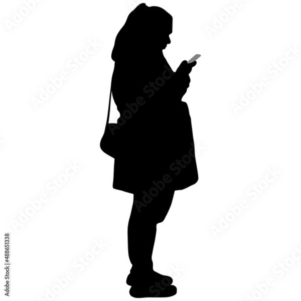 Obraz Black silhouette of plump woman with bag with phone in her hand