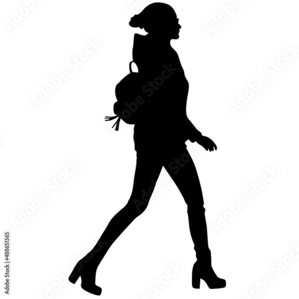 Obraz Black silhouette of slender woman in trousers, boots and backpack