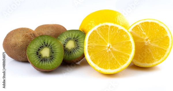 Obraz Kiwi and lemon on a white background, fruit with vitamin C