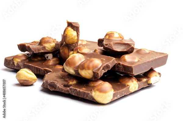 Obraz Appetizing milk chocolate with whole hazelnuts on a white background