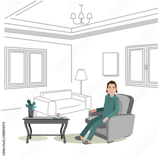 Obraz A man in a home environment and home clothes is sitting on a chair. Vector illustration of a man for animation. A man is sitting at home in a cozy atmosphere in an armchair next to a coffee table.