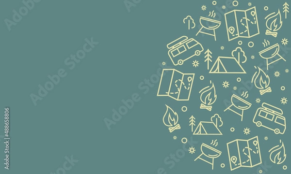Obraz Camping seamless vector pattern. Outdoor recreation, hike horizontal banner with outline icons of campfire, tent, truck, map, barbecue and forest.