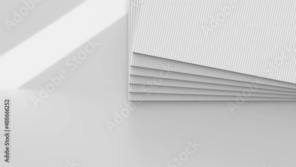 Fototapeta A stack of blank white corrugated plastic correx sheets, close up 3d render showing sheet texture and displayed on a shiny surface for illustration purposes as a mockup template.