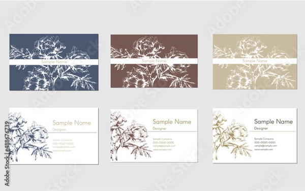 Fototapeta set of business card design templates with hand drawn illustration of peony flowers, for name card, shop card