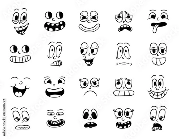 Obraz Collection of old retro traditional cartoon animation. Vintage faces of people with different emotions of the 20s 30s. Emoji character expressions 50s 60s. Head faces design elements in comic style