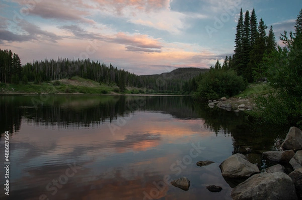 Obraz Sunset reflected on forest lake