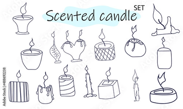 Obraz A set of scented candles with a burning fire. Candles for interior, lighting and romantic dates. Aromatherapy. Vector illustration in linear design on a white background.