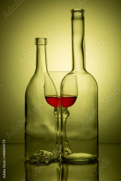 Obraz Still life with glass bottles and wine glass