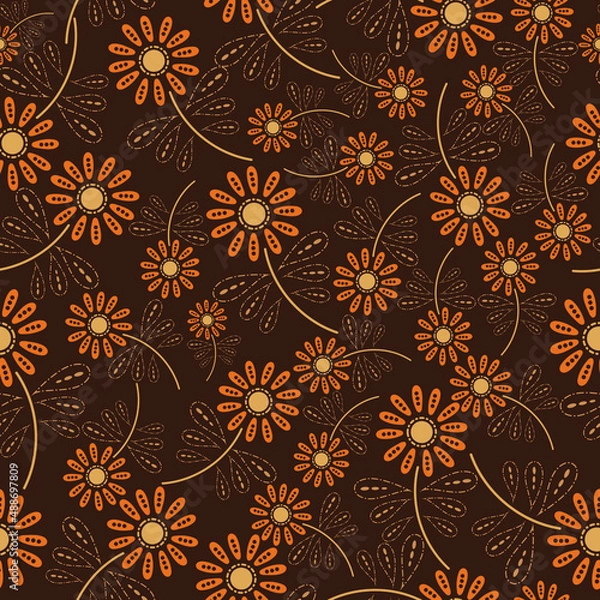 Fototapeta Doodle flowers with elements seamless pattern, funky background, Retro Pattern

