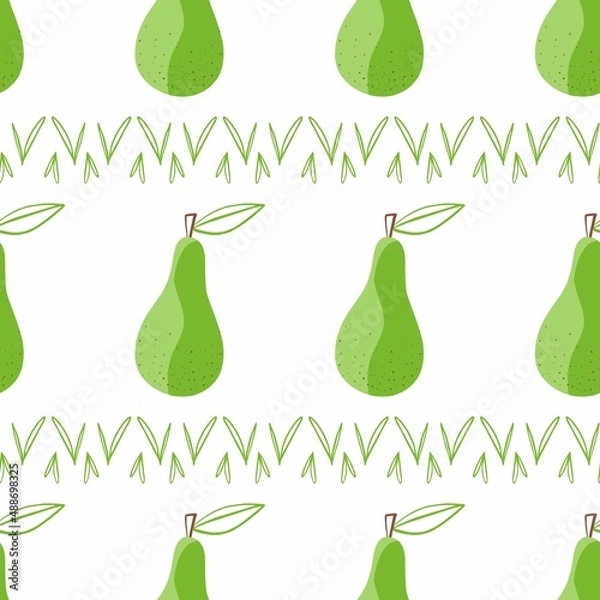 Obraz Vector seamless pattern with pears. Pattern with fruit. Vector fruit illustration. Natural seamless texture. A Scandinavian-style pattern on a blue background.For fabric, textile, and Wallpaper design