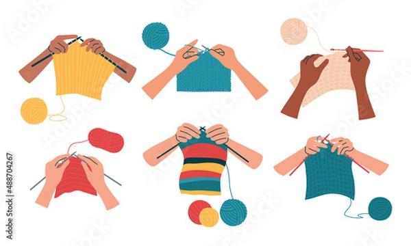 Obraz Knitting, crochet. Hands hold a knitted fabric on the needles. Hobby, handmade, handicraft. Collection of isolated vector illustrations