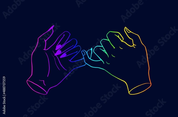 Obraz Pinky promise. Rainbow outline of a pair of hands. Vector illustration of a friendly swearing gesture. Hands on a dark background.